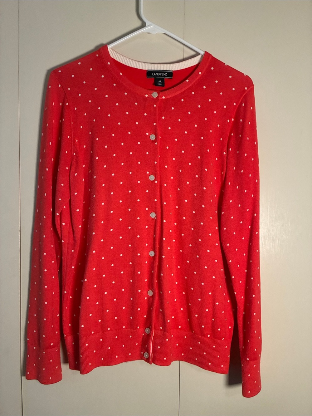 Lands' End Red Polka Dot Crewneck Cardigan, M